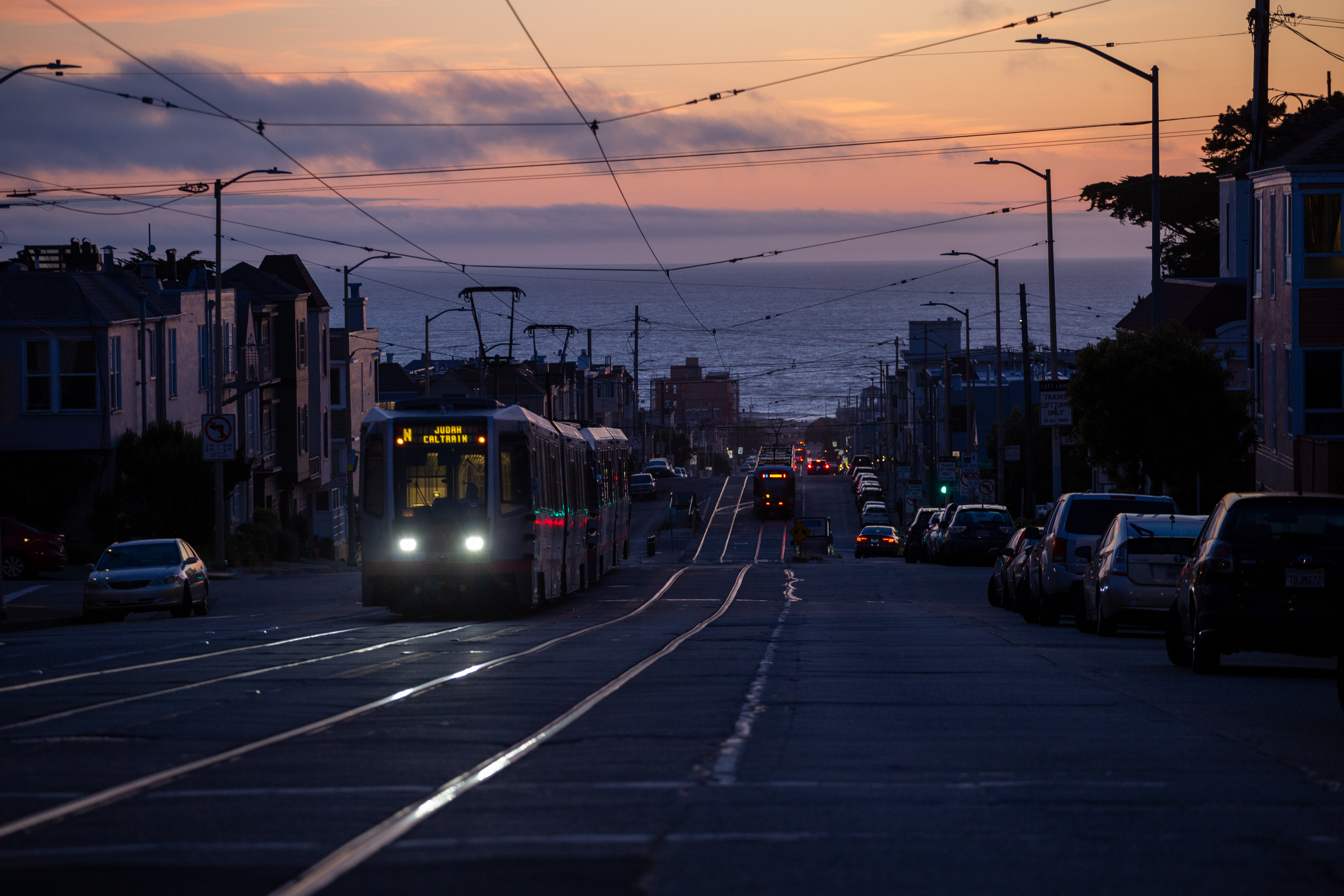The N Judah Line in San Francisco at dusk.